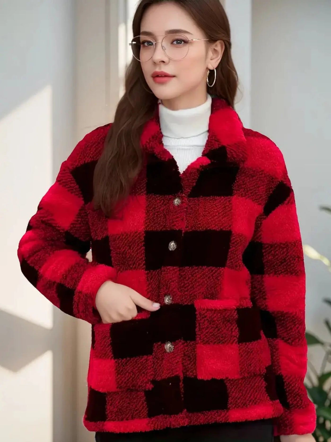 Damen Kuscheljacke Kariert | Knopfverschluss mit Kragen