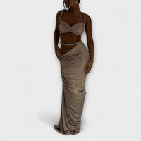 Jane - Elegantes Gradient Zopf Crop Top mit Overskirt Set in Aprikose