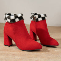 Rote Damen Stiefeletten – Elegante Ankle Boots mit Karierter Fellbesatz und Blockabsatz in Rot kariert