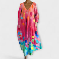 Fiona - Langes, farbenfrohes Kleid mit V-Ausschnitt in Mehrfarbig1