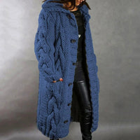 Damen Strickjacke Mantel Lang | Mit Kapuze Grobstrick in Blau