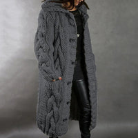 Damen Strickjacke Mantel Lang | Mit Kapuze Grobstrick in Dunkelgrau