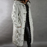 Damen Strickjacke Mantel Lang | Mit Kapuze Grobstrick in Silbergrau