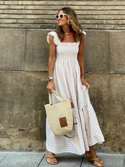 Gingham Sommerkleid mit Smokings für Damen | Maxi