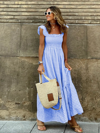 Gingham Sommerkleid mit Smokings für Damen | Maxi in Blau