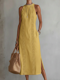 Helena | Luftiges Leinen-Midikleid mit Rundhals in Gelb