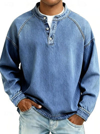 Dominik | Herren Retro Henley Strick Langarm im Used-Look in Hellblau