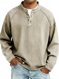 Dominik | Herren Retro Henley Strick Langarm im Used-Look in Khaki