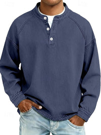 Dominik | Herren Retro Henley Strick Langarm im Used-Look in Dunkelblau