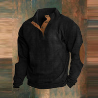 Maximilian | Herren Retro Rippstrick Pullover mit Knopfkragen in Schwarz