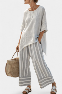 Vivian | Elegante asymmetrische Bluse & gestreifte Hose in Mehrfarbige Streifen