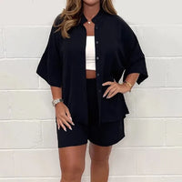 Damen Sommer Geknöpft Hemd und Shorts Zweiteiler Set in Schwarz