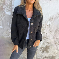 Laura | Damen Casual Knöpfen Herbst Teddyjacke in Schwarz