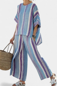 Julietta | Elegantes mauvefarbenes Pastell-Top & gestreifte Leinenhose in Bunt gestreift
