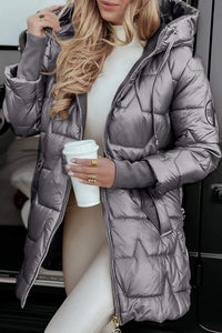 Amelie | Damen Lange Winter Steppjacke mit Kapuze in Grau
