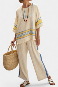 Clara | Bequemes Blau-Gelbes Mediterranes Top & Leinenhosen in Mehrfarbige Streifen