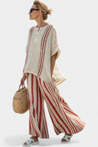 Kendall | Elegantes Texturiertes Top mit Roten Streifen & Leinenhose in Roter Streifen