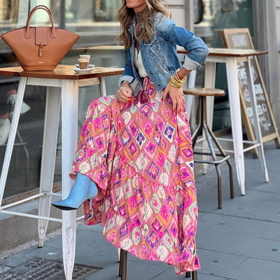 Langer Damenrock mit mehrfarbigem Paisleymuster und Bohème-Schnitt - Clémence