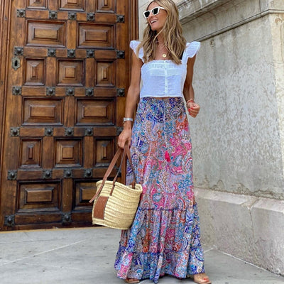 Langer Damenrock mit mehrfarbigem Paisleymuster und Bohème-Schnitt - Clémence