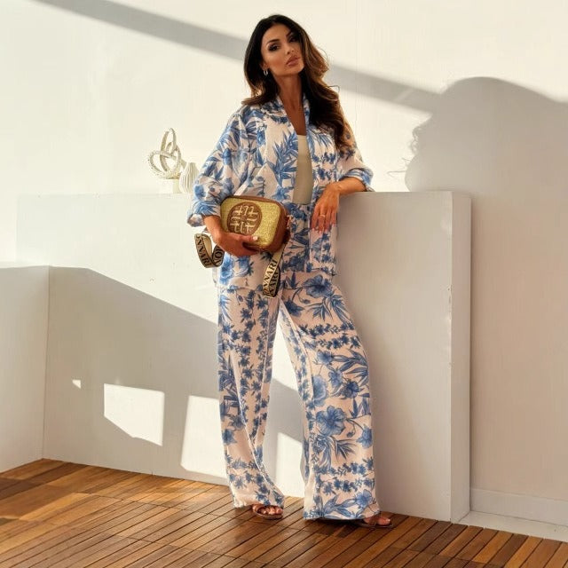 Damenset mit gerader Hose und geblümtem Hemd - Fabienne