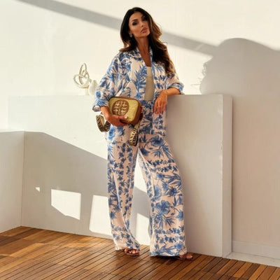 Damenset mit gerader Hose und geblümtem Hemd - Fabienne