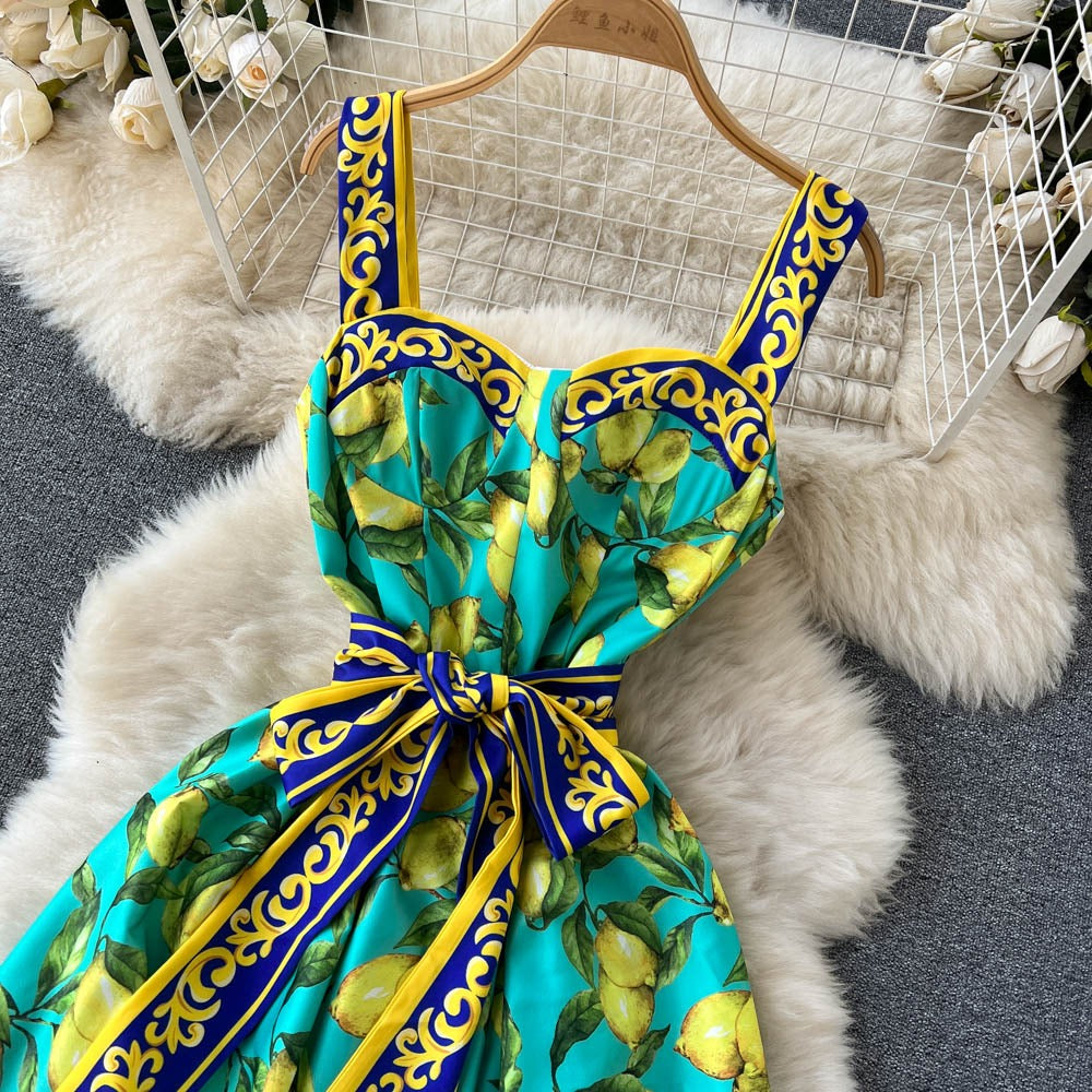 Langes Vintage Kleid mit Zitronenmuster und Schleife - Élodie