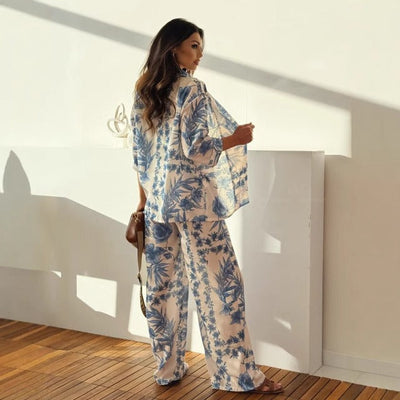 Damenset mit gerader Hose und geblümtem Hemd - Fabienne