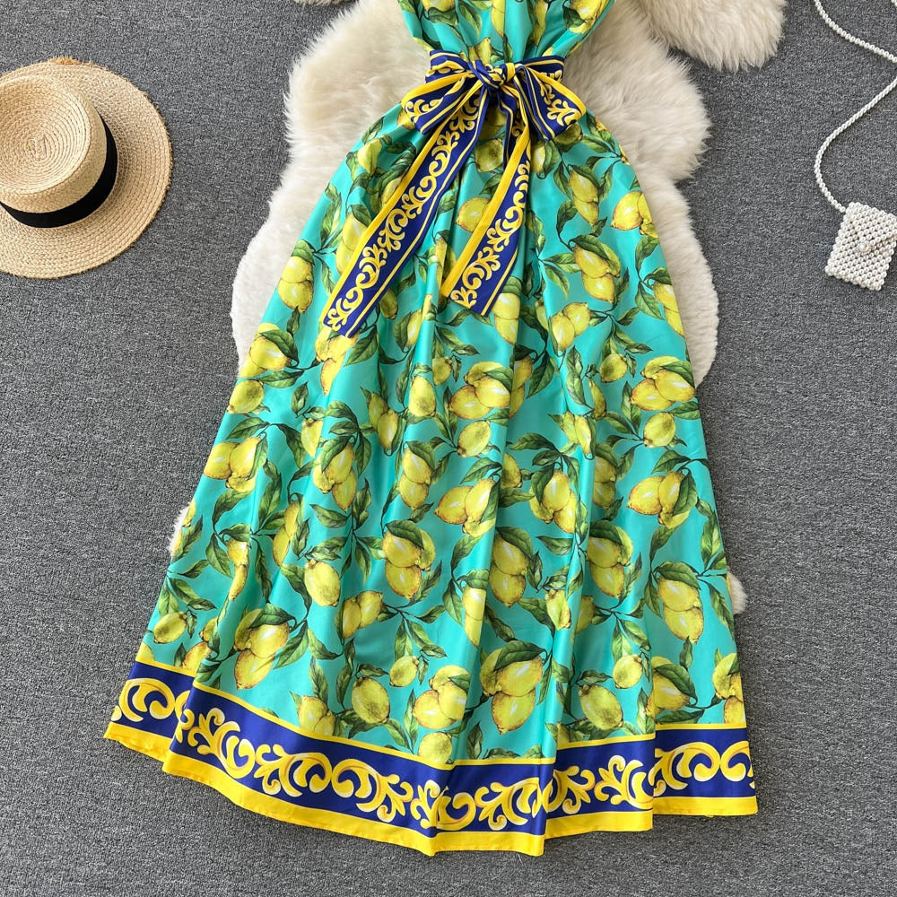 Langes Vintage Kleid mit Zitronenmuster und Schleife - Élodie
