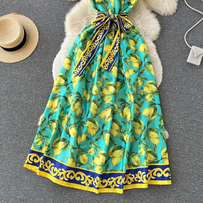 Langes Vintage Kleid mit Zitronenmuster und Schleife - Élodie