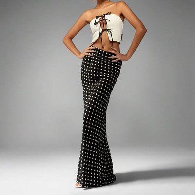 Langer Damenrock aus Viskose mit Tupfenmuster, tailliert - Karla