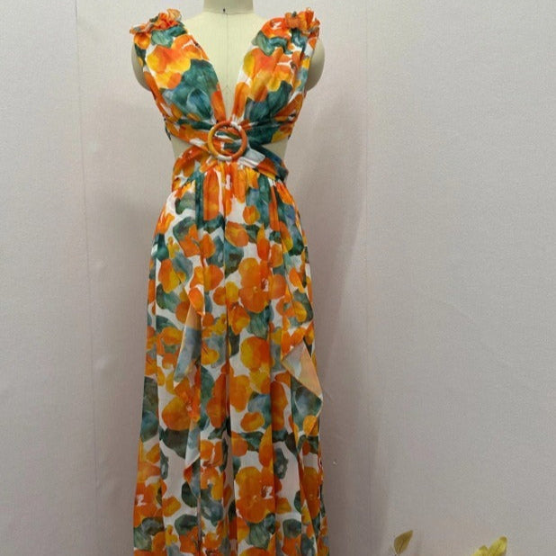 Asymmetrisches Kleid aus geblümtem Chiffon mit tiefem Ausschnitt für Damen - Mélodie