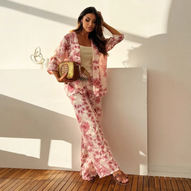 Damenset mit gerader Hose und geblümtem Hemd - Fabienne