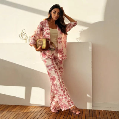 Damenset mit gerader Hose und geblümtem Hemd - Fabienne