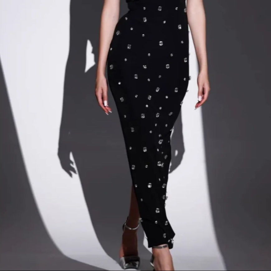 Damen langes Kleid mit Strasssteinen asymmetrischer Ausschnitt eleganter Stil - Vianey