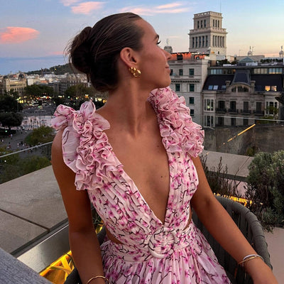 Asymmetrisches Kleid aus geblümtem Chiffon mit tiefem Ausschnitt für Damen - Mélodie