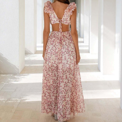 Asymmetrisches Kleid aus geblümtem Chiffon mit tiefem Ausschnitt für Damen - Mélodie