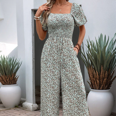 Kurzärmeliger, geblümter Damenoverall mit quadratischem Ausschnitt - Indira