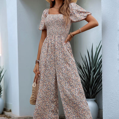 Kurzärmeliger, geblümter Damenoverall mit quadratischem Ausschnitt - Indira