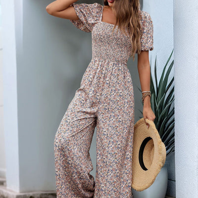 Kurzärmeliger, geblümter Damenoverall mit quadratischem Ausschnitt - Indira