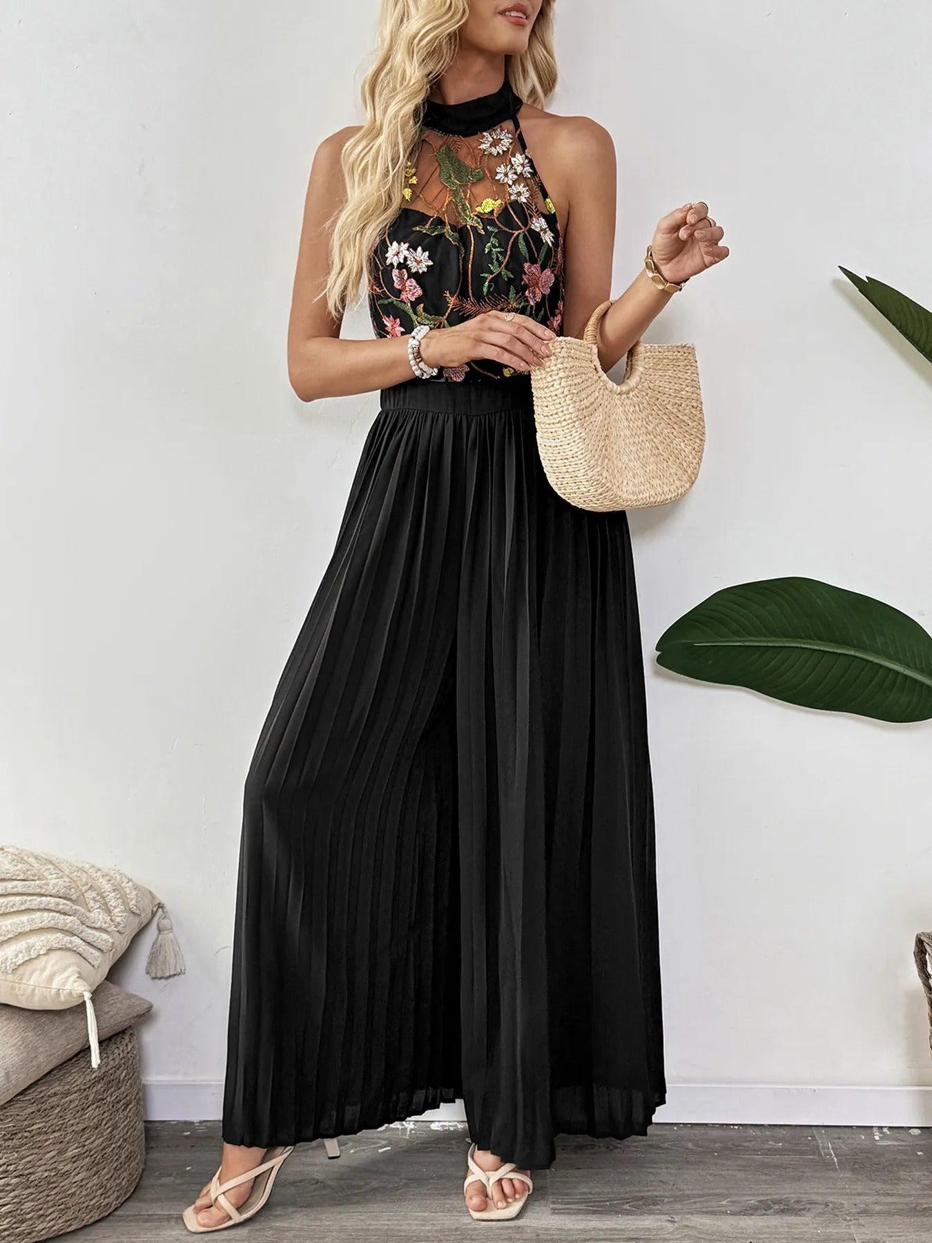 Damen Jumpsuit mit floraler Spitzenstickerei im Palazzo-Stil - Irma
