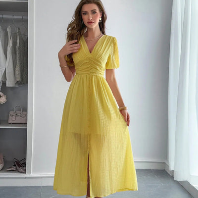 Langes Damenkleid mit elegantem Crossover-Ausschnitt und Schlitz vorne - Dalia