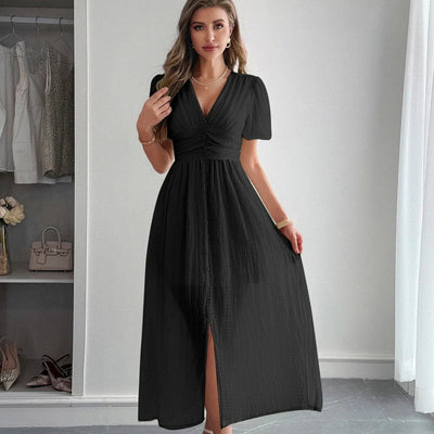 Langes Damenkleid mit elegantem Crossover-Ausschnitt und Schlitz vorne - Dalia