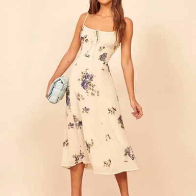 Geblümtes Midikleid für Damen mit schmalen Trägern und geraffter Taille - Isadora