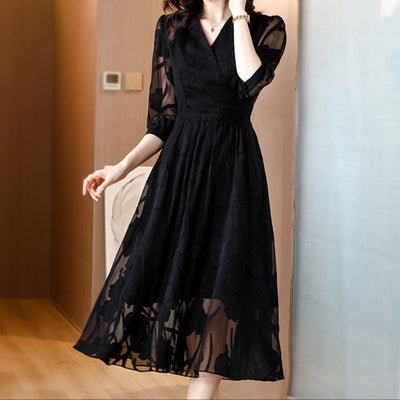 Damen Midikleid aus geblümtem Chiffon mit transparenten Ärmeln - Annelise