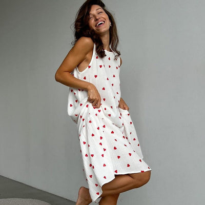 Langes ärmelloses Baumwollkleid mit Herzchenprint - Mieke
