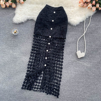 Langer Damenrock aus Spitze mit Blumendetails und Knöpfen gerader Schnitt - Solène