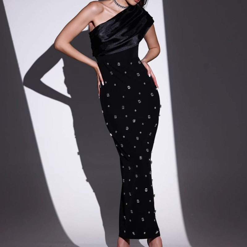 Damen langes Kleid mit Strasssteinen asymmetrischer Ausschnitt eleganter Stil - Vianey