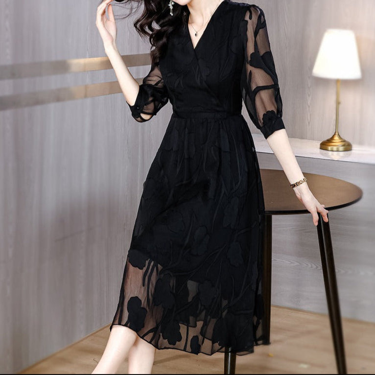 Damen Midikleid aus geblümtem Chiffon mit transparenten Ärmeln - Annelise