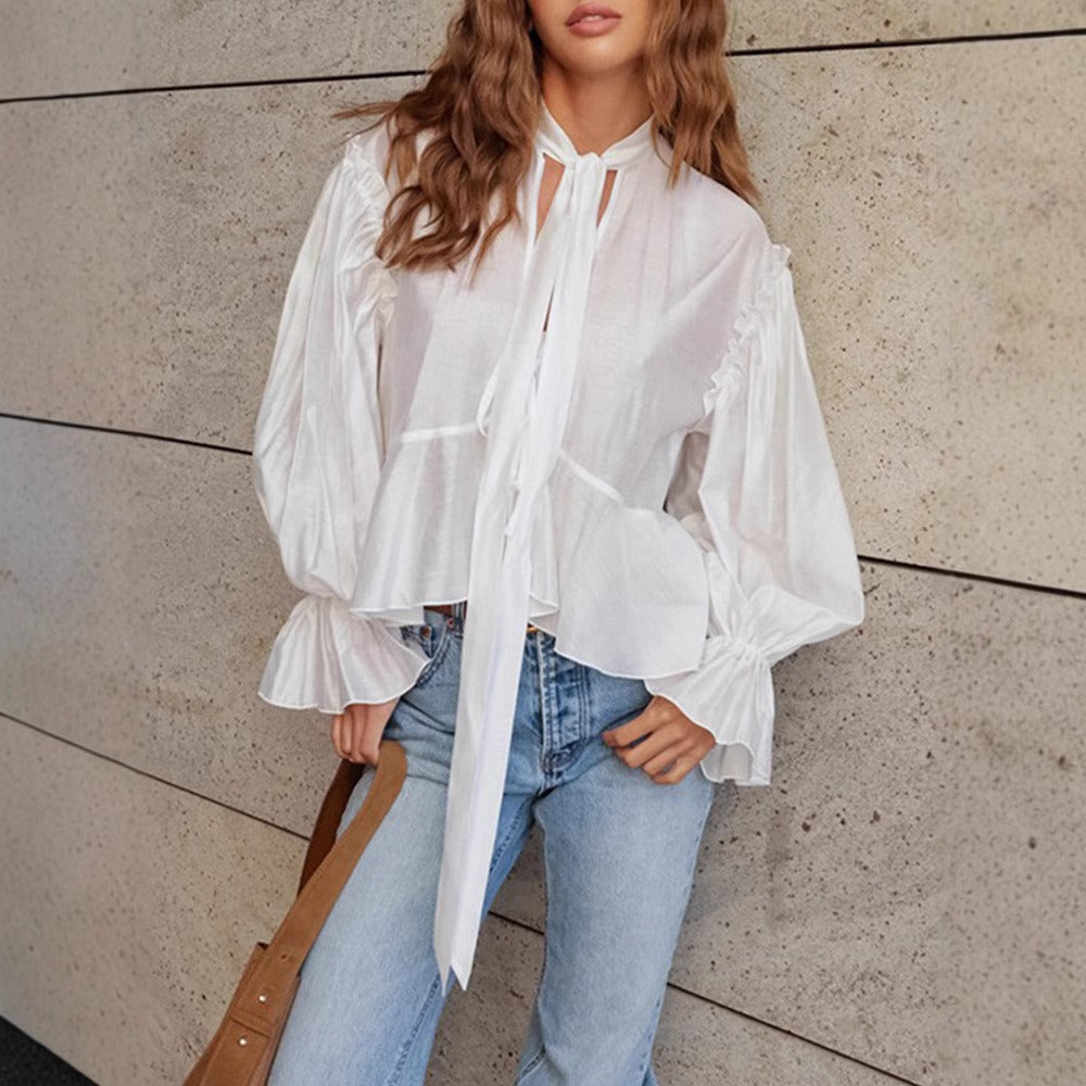 Langärmelige Damenbluse aus Baumwolle mit romantischer Halskrawatte - Céleste