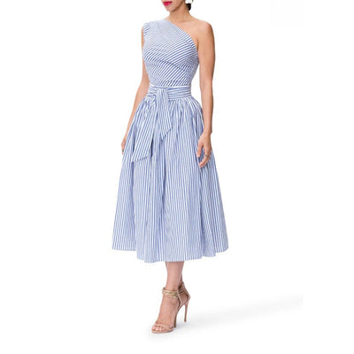 Fein gestreiftes Damen-Midikleid mit asymmetrischem Ausschnitt - Berenice